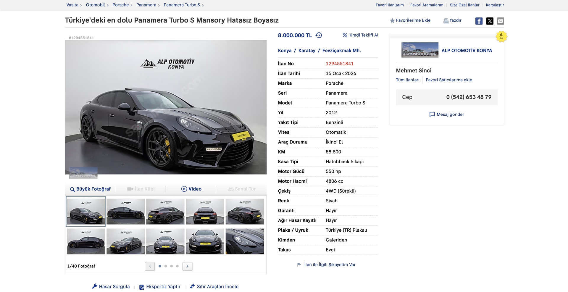 Üyemizden satılık 2012 Porsche Panamera Turbo S