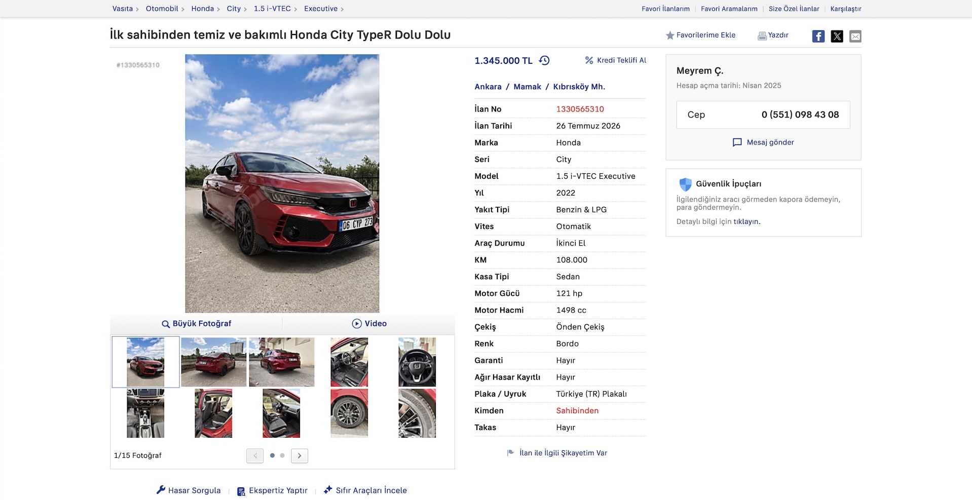 Üyemizden satılık 2022 Honda City