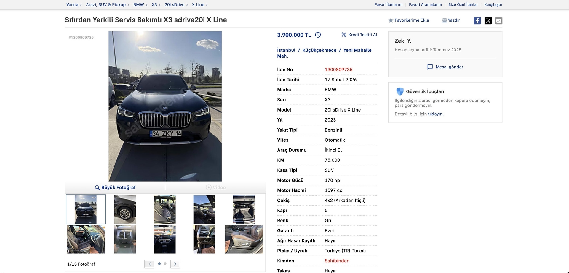 Üyemizden satılık 2023 BMW X3 20i sDrive