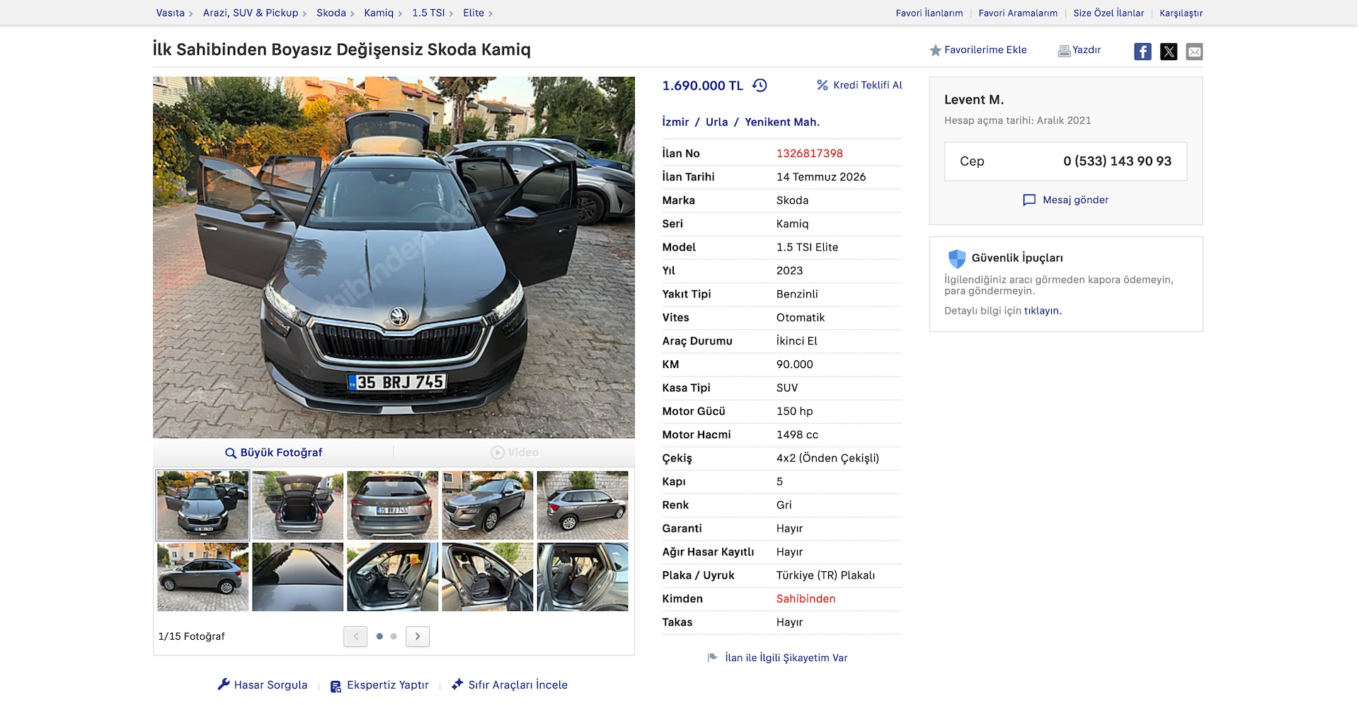 Üyemizden satılık 2023 Skoda Kamiq 1.5 TSI